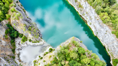 Aerial shot of a quarry in Belgium where you can scuba dive