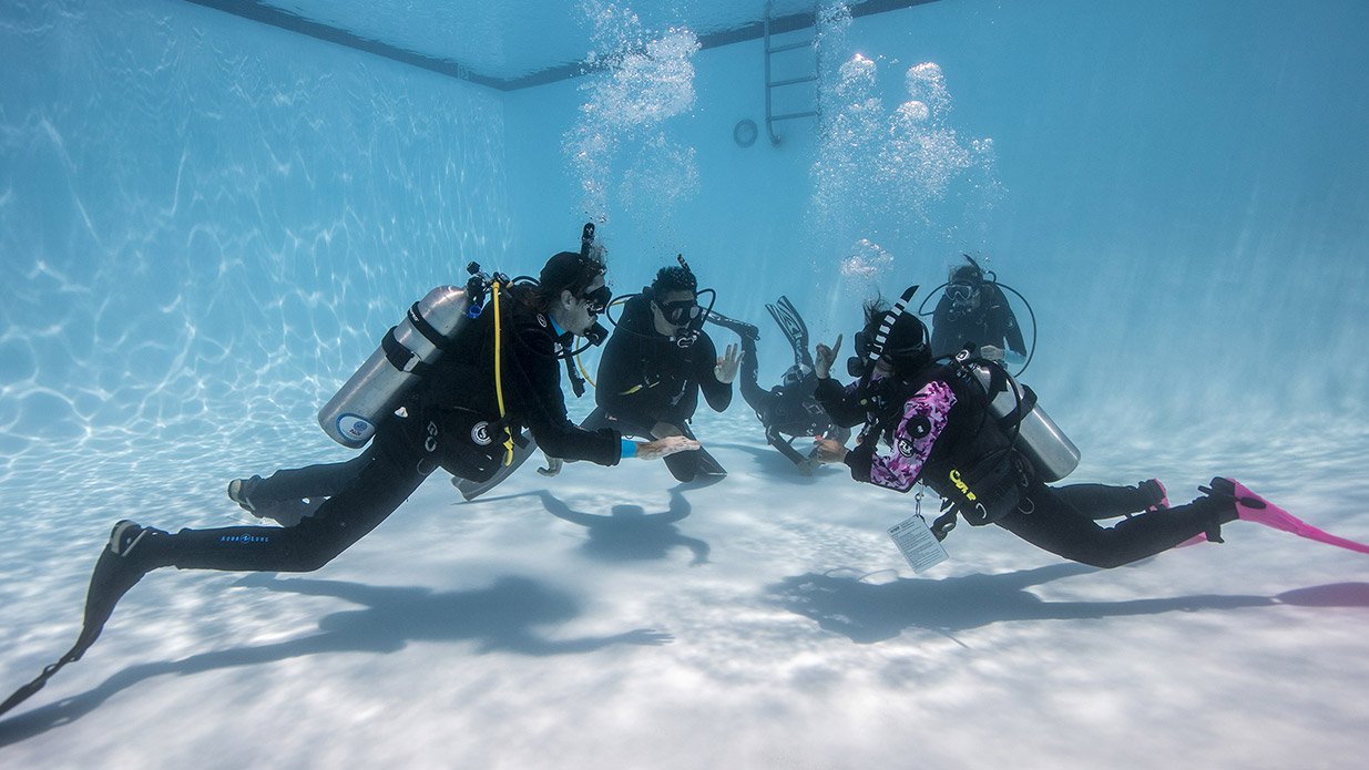a PADI ReActivate class taking place in a swimming pool