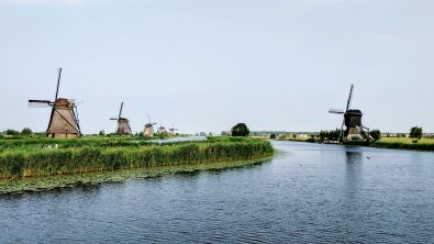 Windmills near the water in the Netherlands