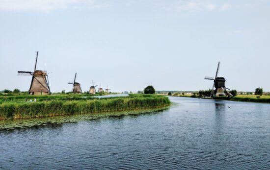 Windmills near the water in the Netherlands