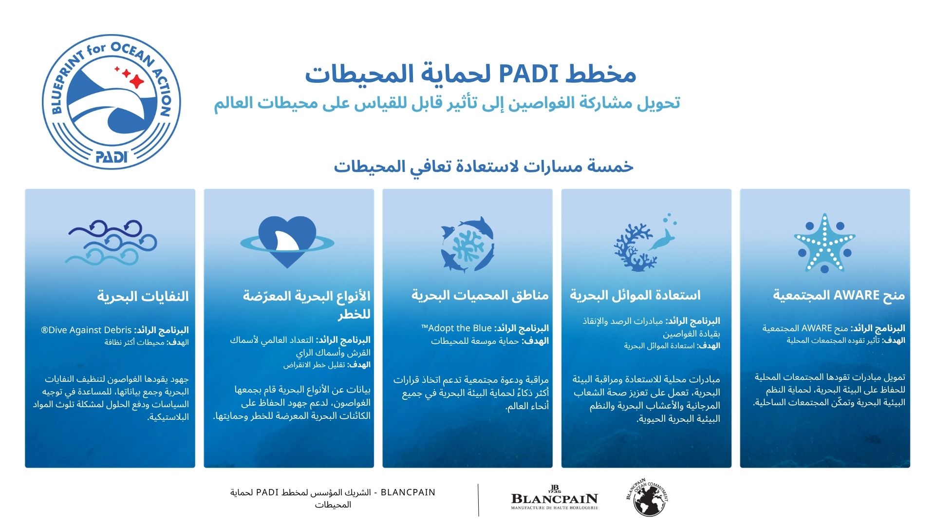 New PADI Blueprint for Ocean Action graphic with five pathways to ocean recovery - AR