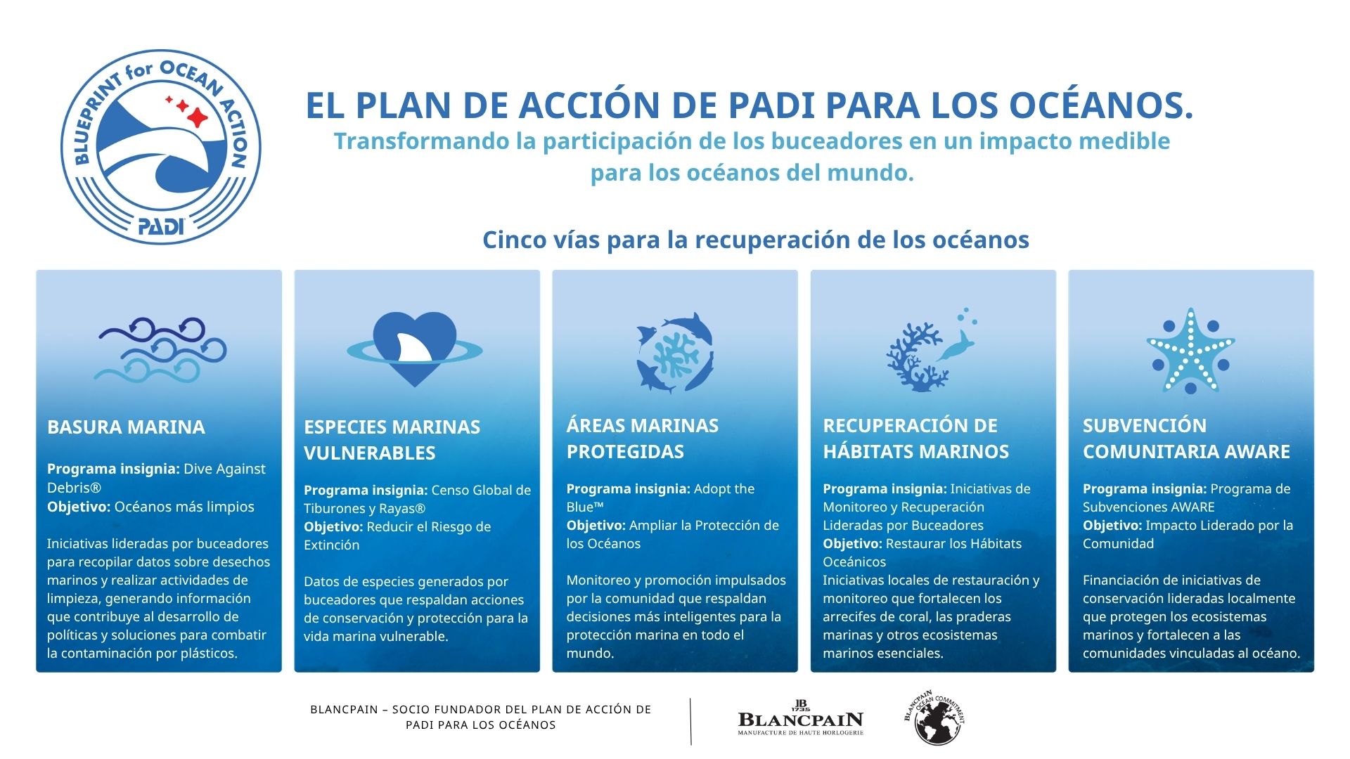 New PADI Blueprint for Ocean Action graphic with five pathways to ocean recovery - ES