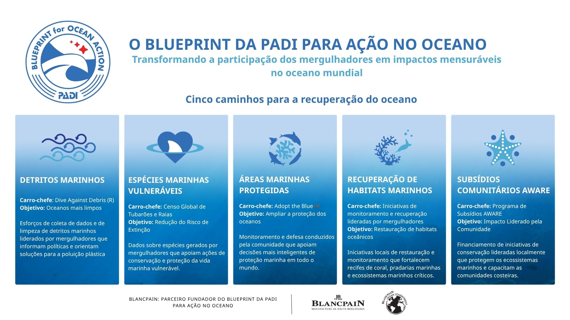 New PADI Blueprint for Ocean Action graphic with five pathways to ocean recovery - PT