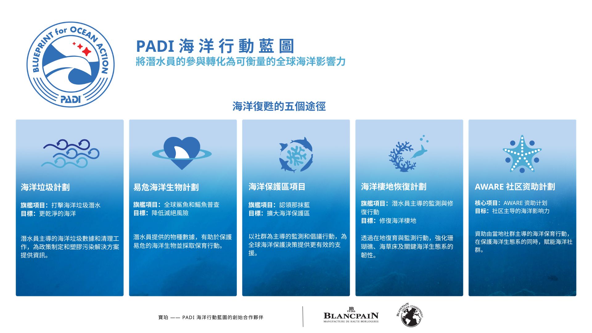 New PADI Blueprint for Ocean Action graphic with five pathways to ocean recovery - TC