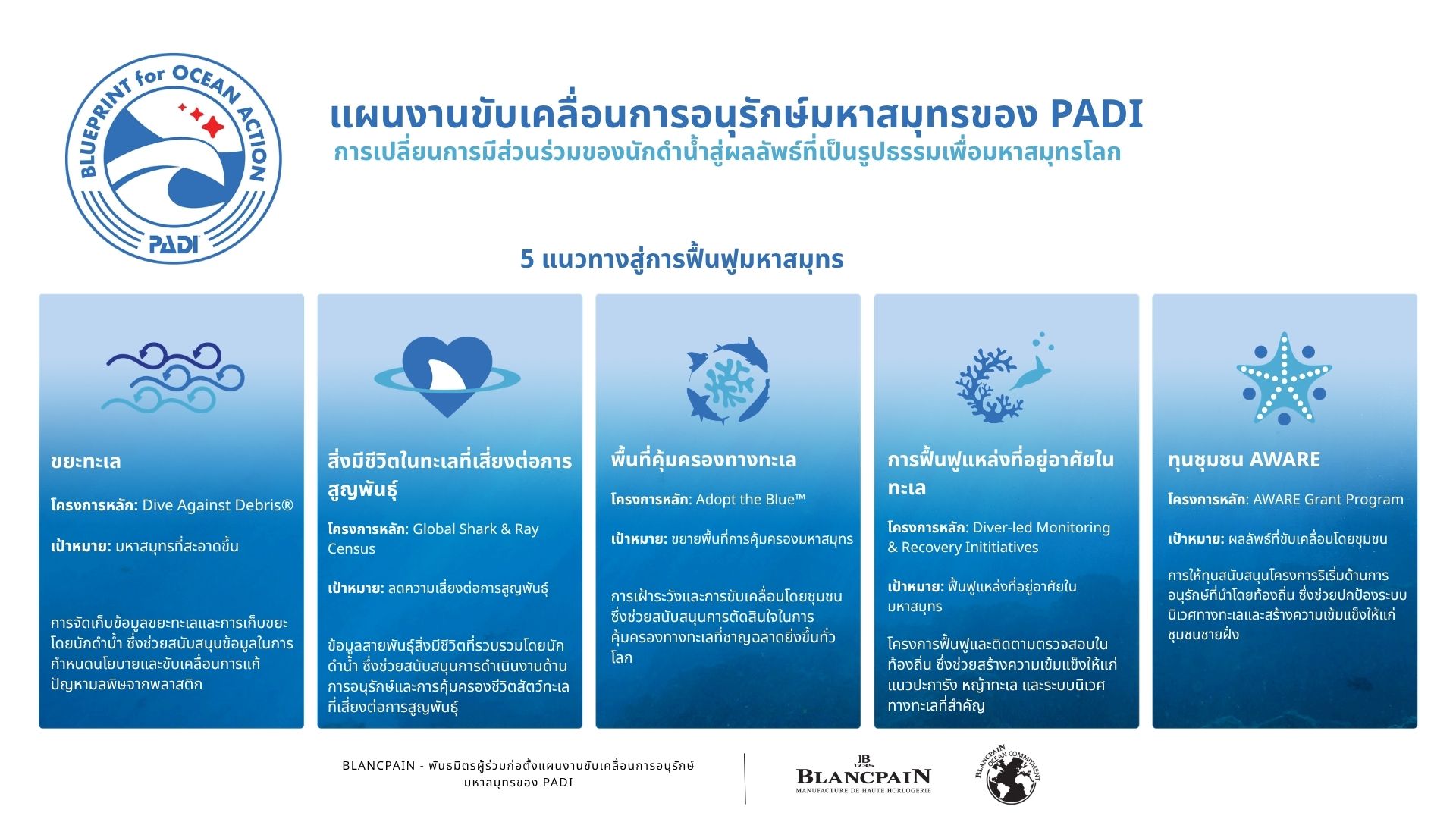 New PADI Blueprint for Ocean Action graphic with five pathways to ocean recovery - TH