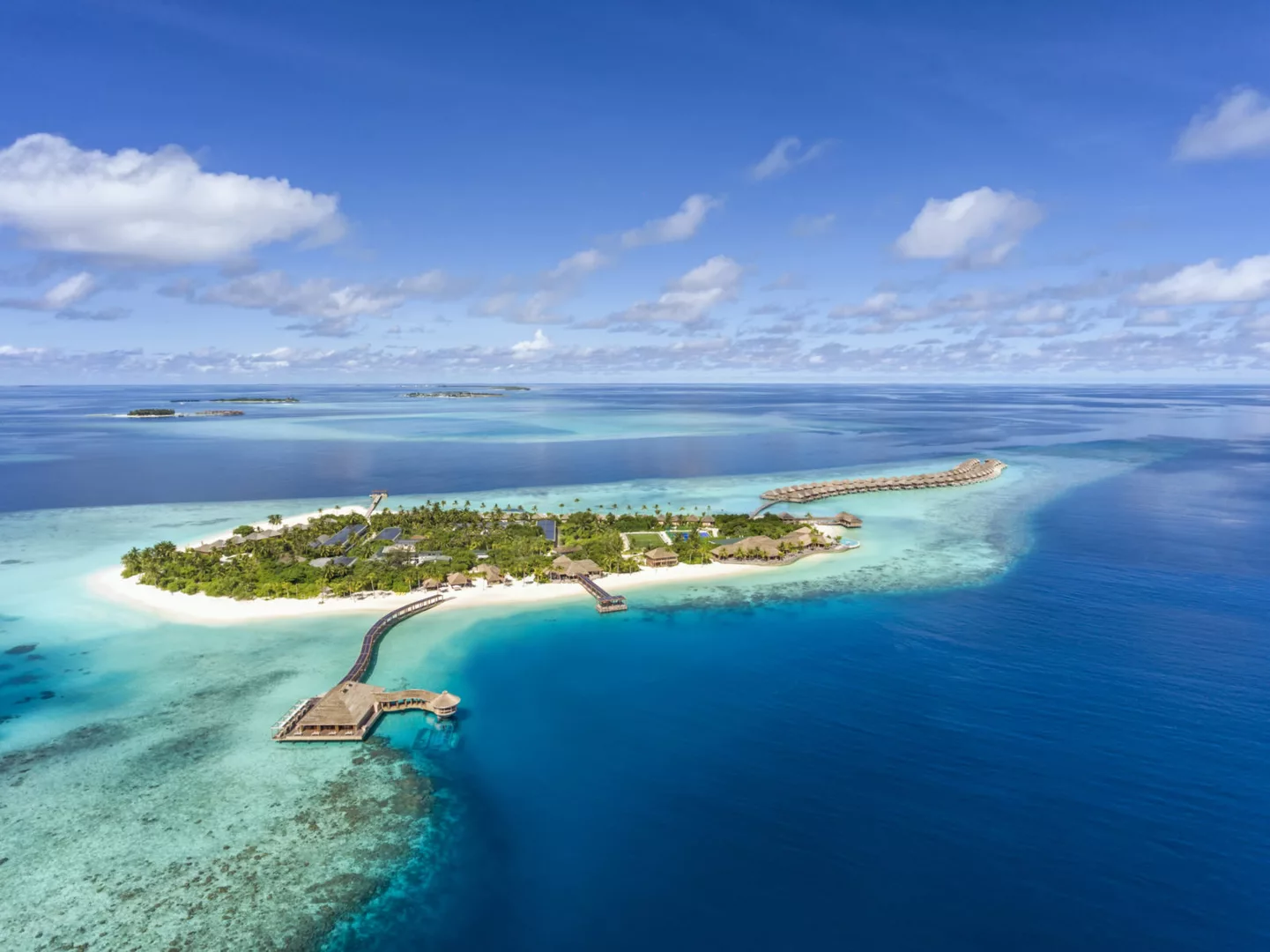 An aerial view of the Hurawalhi Island Resort, one of the best dive resorts in the Maldives
