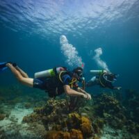 Two PADI Enriched Air Divers swim along a coral reef in Curacao