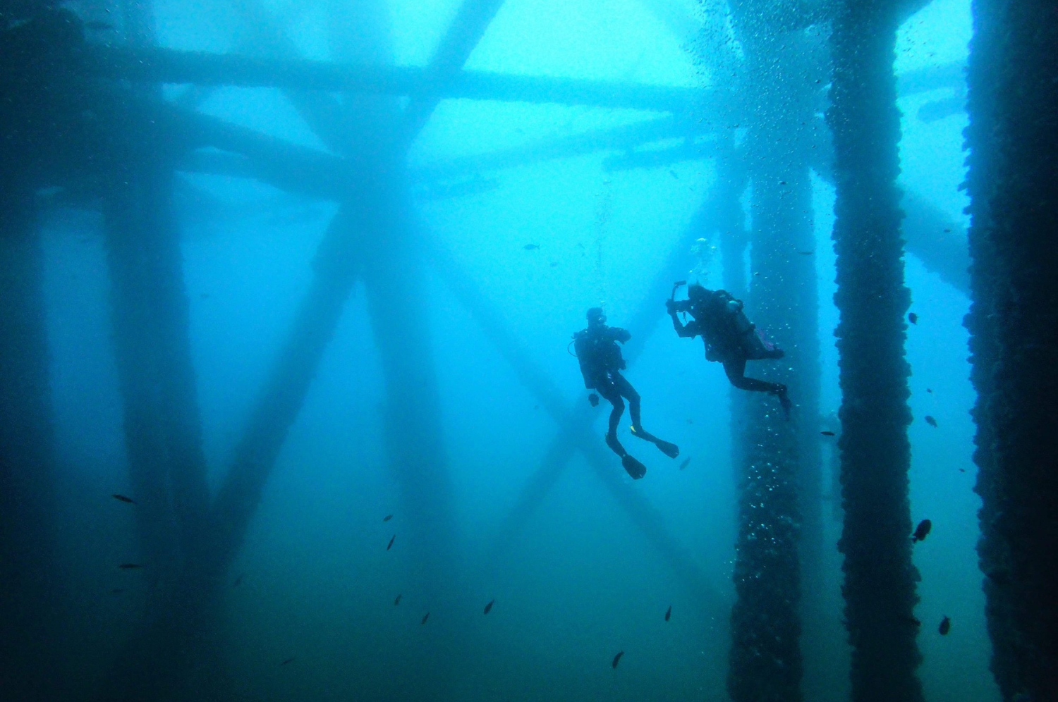 Underwater image of divers exploring some oil rigs.