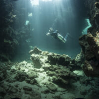 tec diver in light surrounded by rock