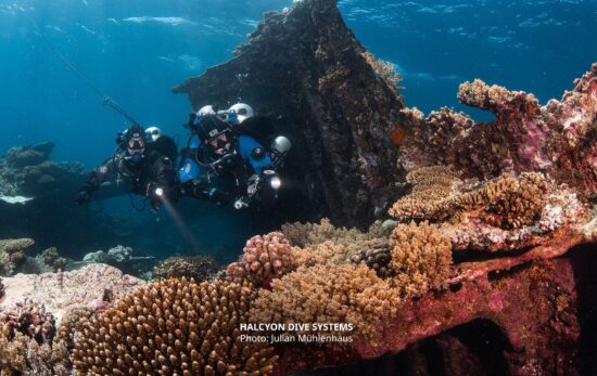 padi tec40 course participants dive a coral reef