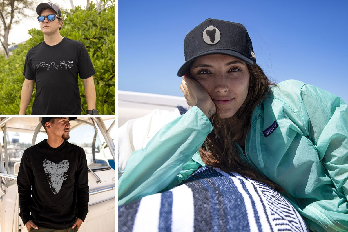A collage showing the shirts and hats in the PADI shark tooth collection