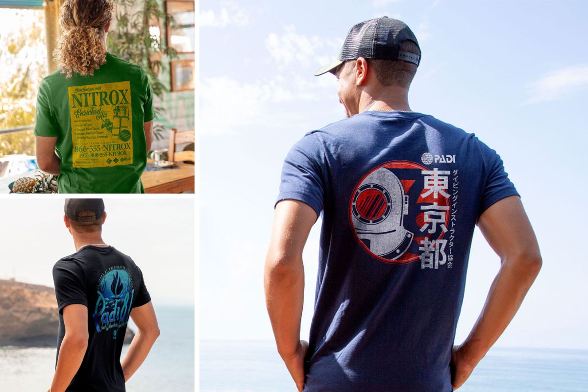 A collage showing PADI's new vintage-style tshirts