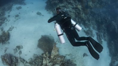 A technical diver underwater