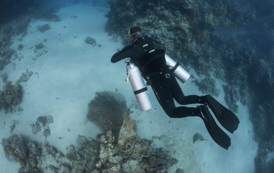 A technical diver underwater