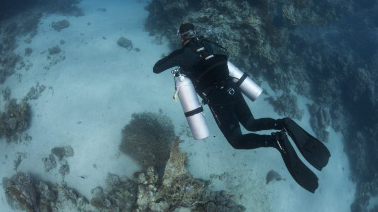 A technical diver underwater