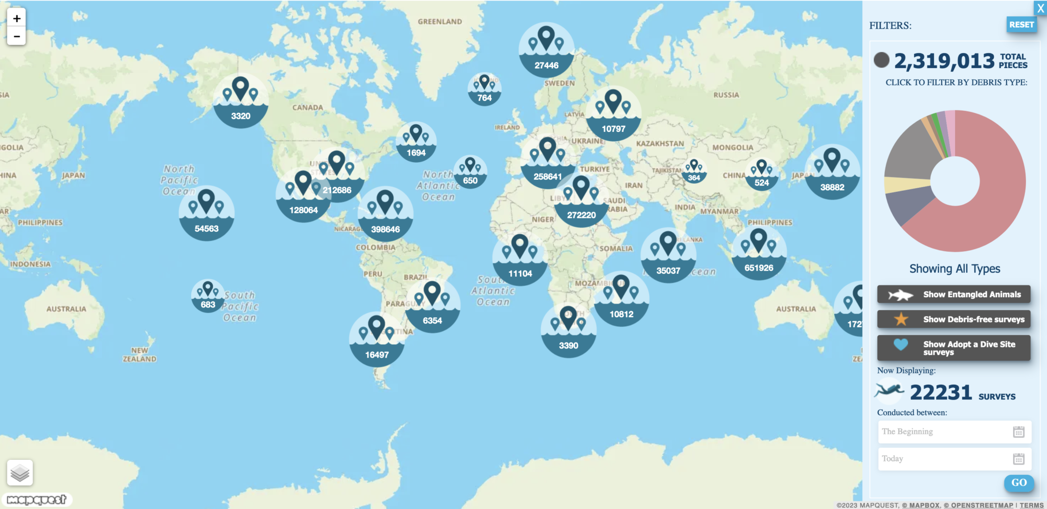 A graphic showing the PADI AWARE Foundation's Dive Against Debris map which shows the amount of trash collected worldwide