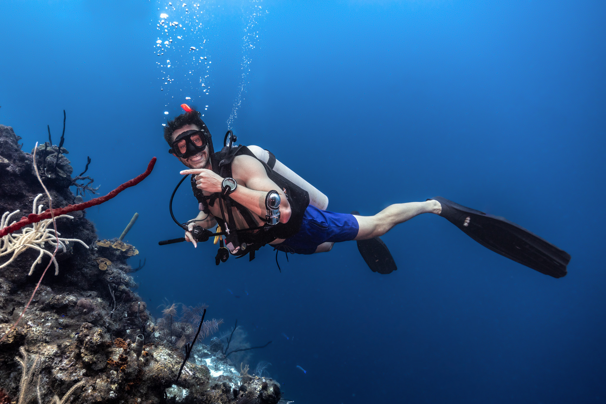 smiling diver points to a coral reef
