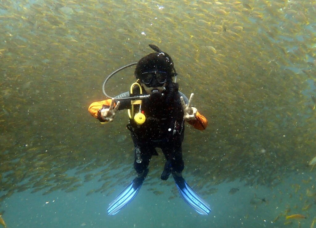 A diver floats in front of a big school of fish.