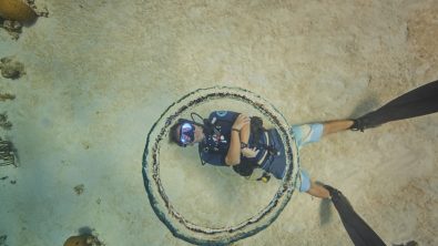 Diver blowing rings underewater