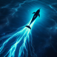 AI generated dolphin swimming through bioluminescence from above