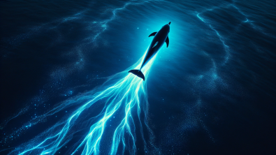 AI generated dolphin swimming through bioluminescence from above