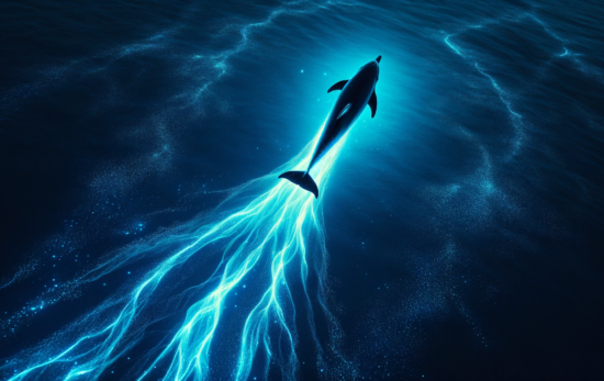AI generated dolphin swimming through bioluminescence from above
