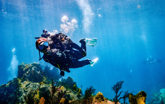 A PADI Instructor explores a reef in St Lucia