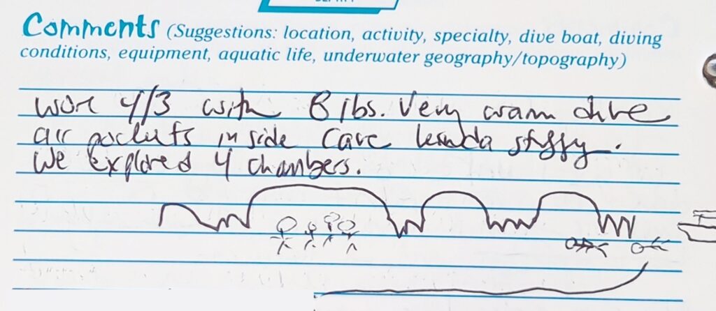 Comments section of a logbook page with rudimentary drawing of Chandelier Caves in Palaua