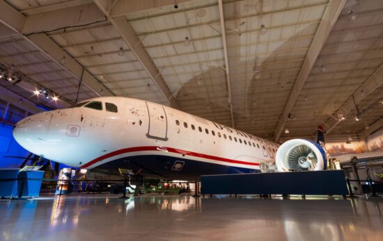 Charlotte, NC/USA - January 12th, 2019: US Airways flight 1549 on display in the Carolina Aviation Museum.