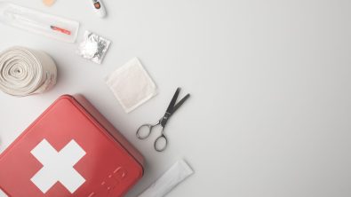 first aid kit spread over a table