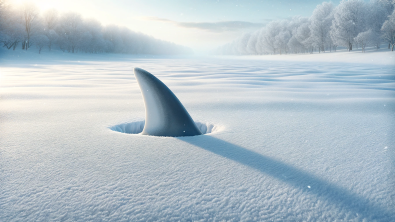A shark fin pops up out of snow