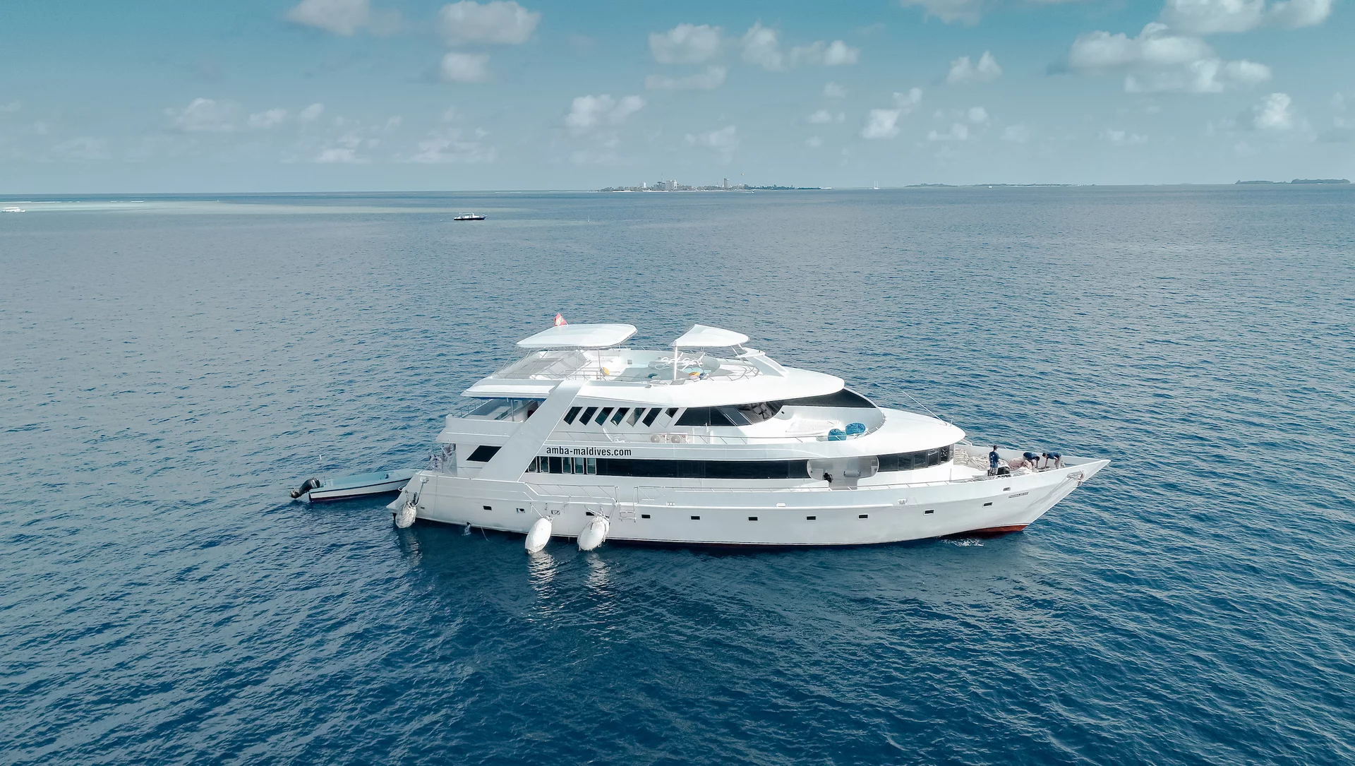 an aerial shot of the amba liveaboard in the Maldives
