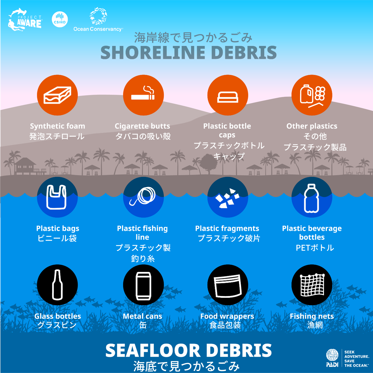 a graphic about shoreline debris and seafloor debris