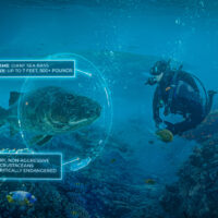 a diver swims up to a giant sea bass while wearing the new ai-powered marine life identifier mask attachment