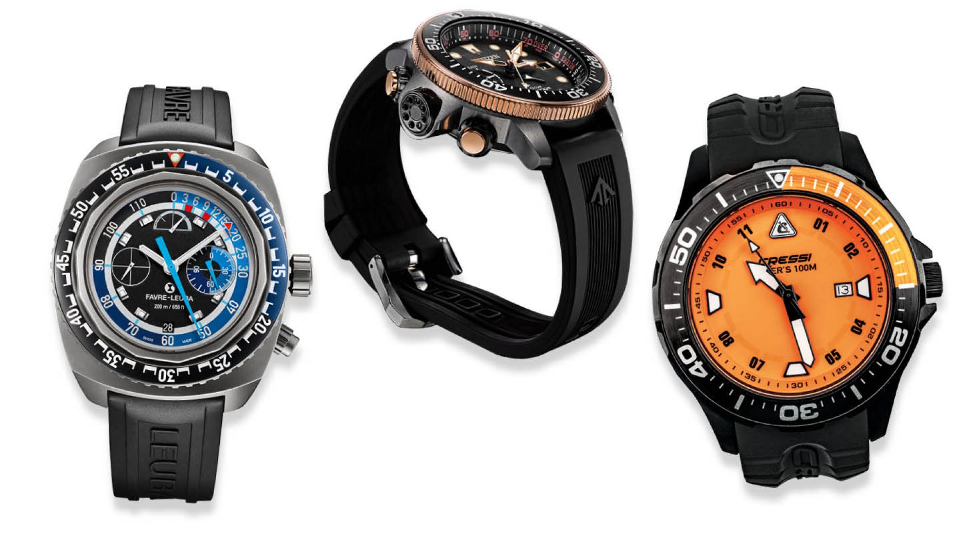 three dive watches set against a white background