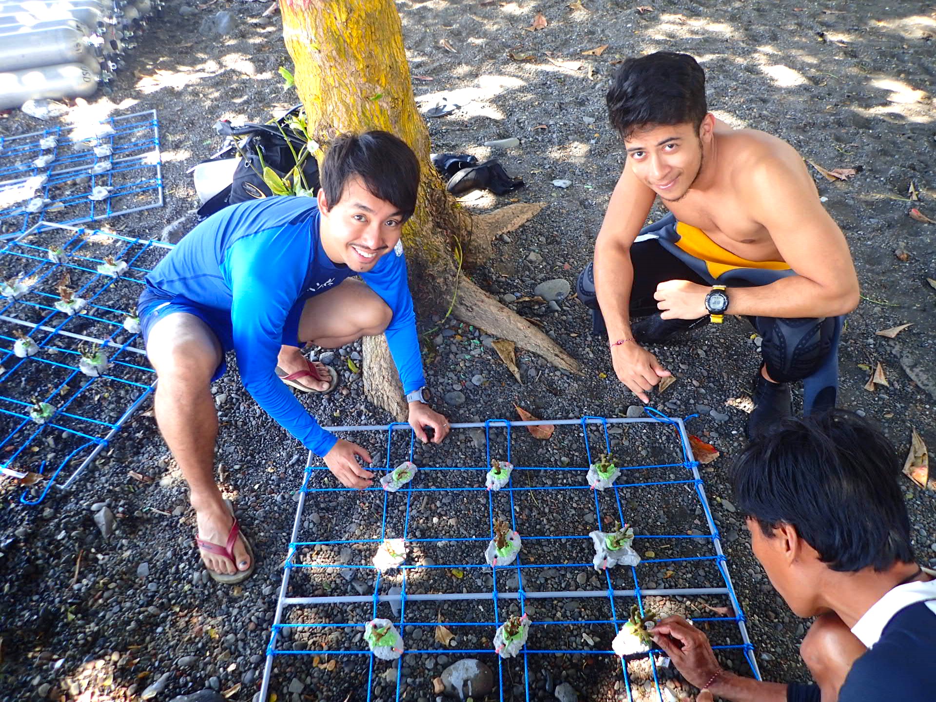 산호 이식 옆에서 포즈를 취하는 바다 공동체 과학자들