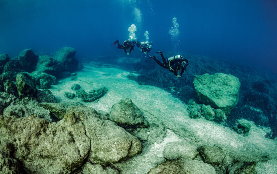 two scuba divers explore a seagrass field in Greece