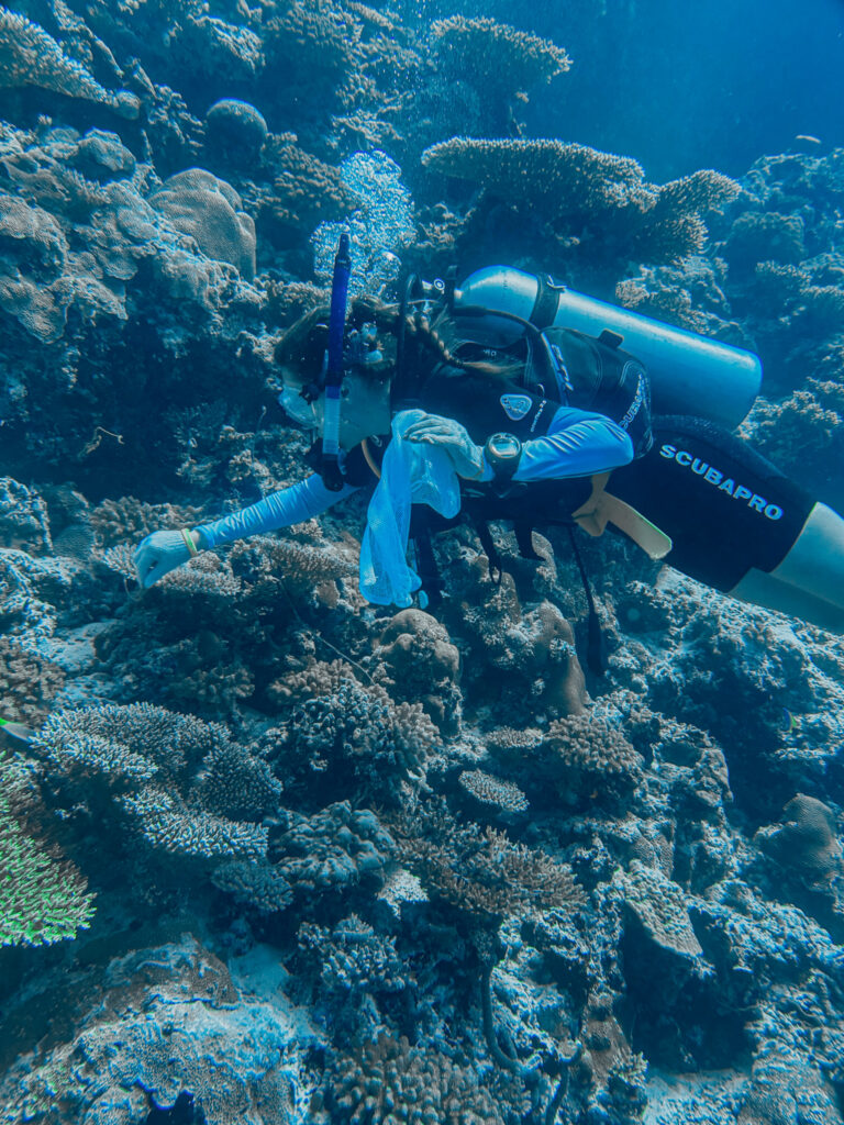 Diver cleaning up a reef, picking up fisher nets