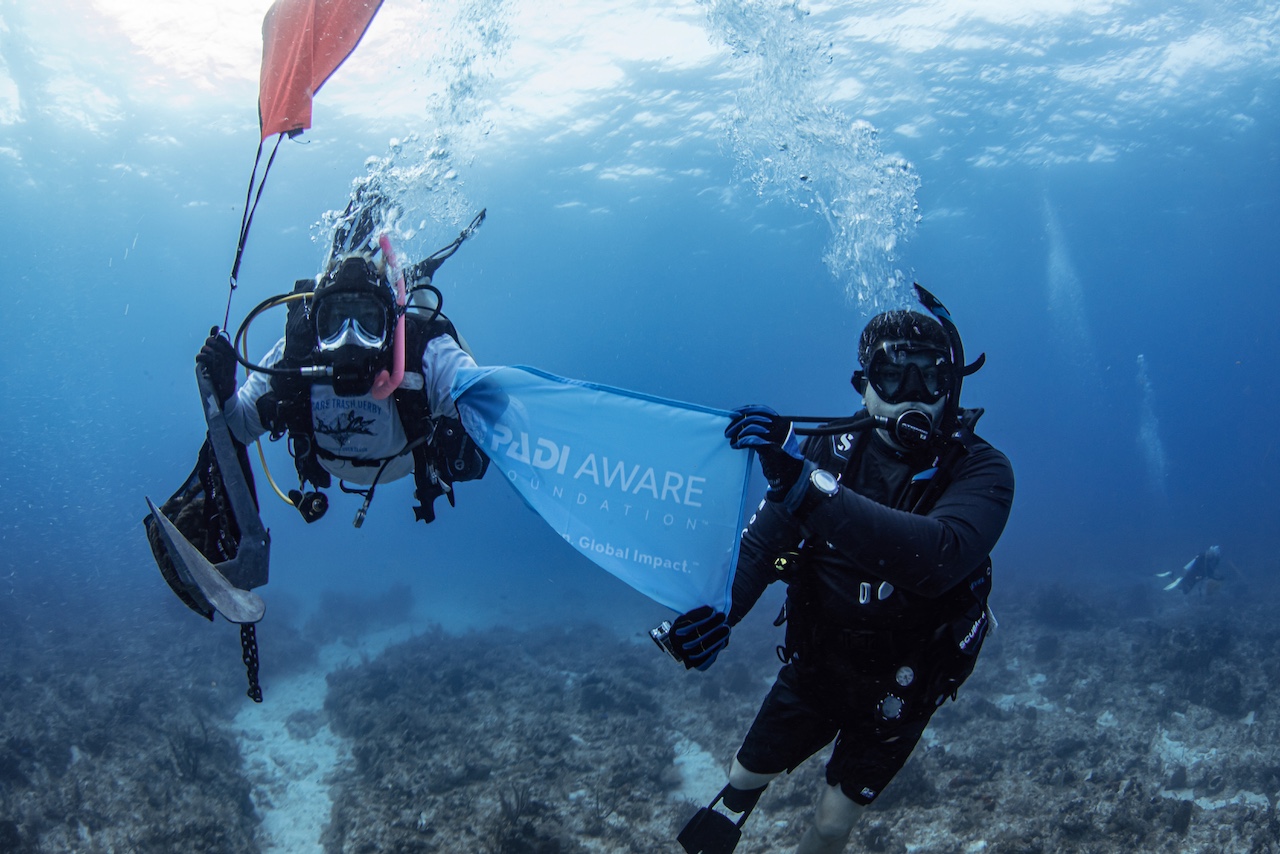 two divers hold up a PADI AWARE flag underwater