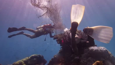 Two divers work together to remove a discarded fishing net from a coral reef in Indonesia