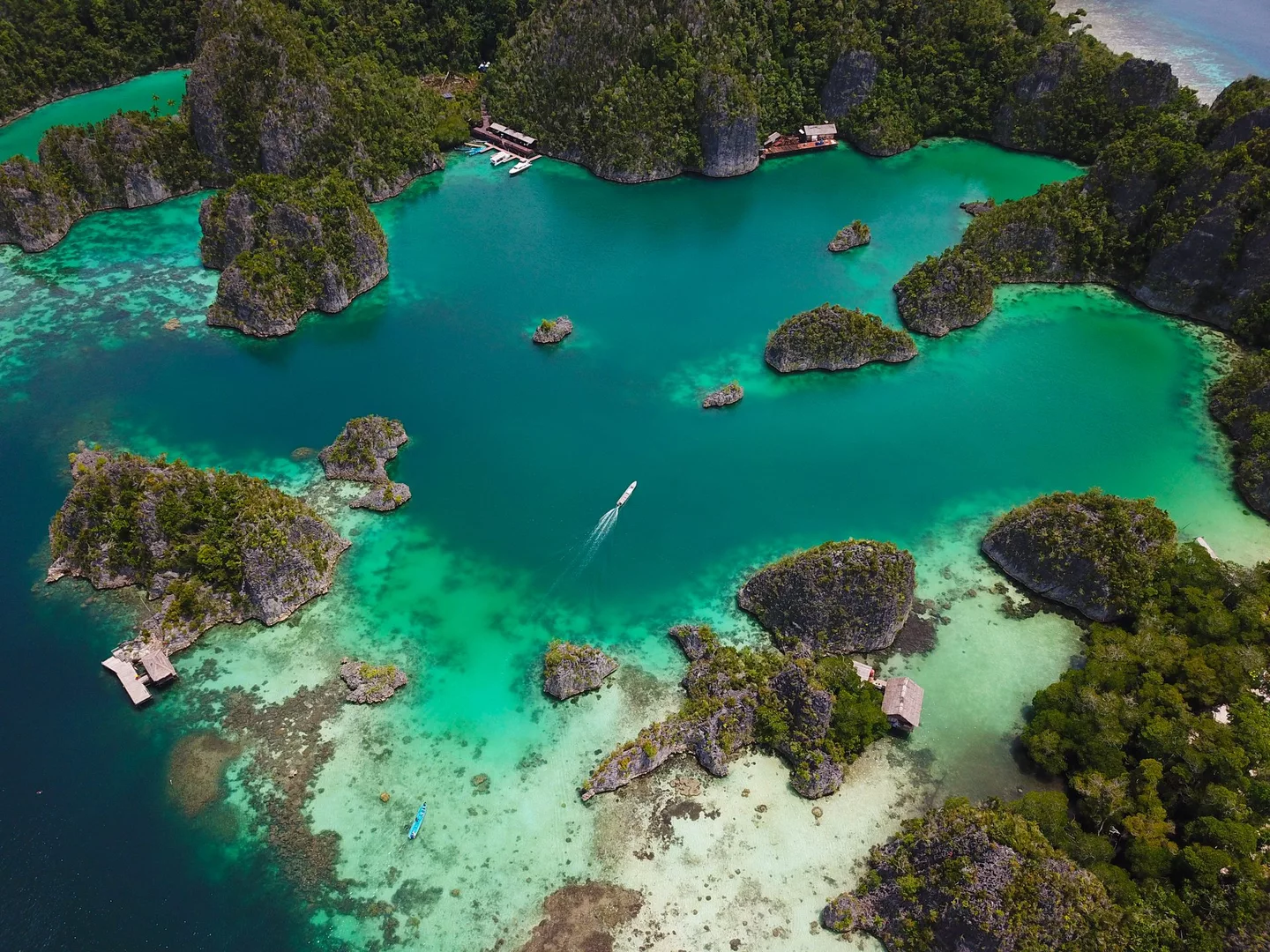 An aerial view of Meridian Adventure Dive Resort in Raja Ampat Indonesia