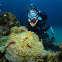 Skye McCulla chilling with an anemonefish on the Great Barrier Reef during her Instructor Development Course