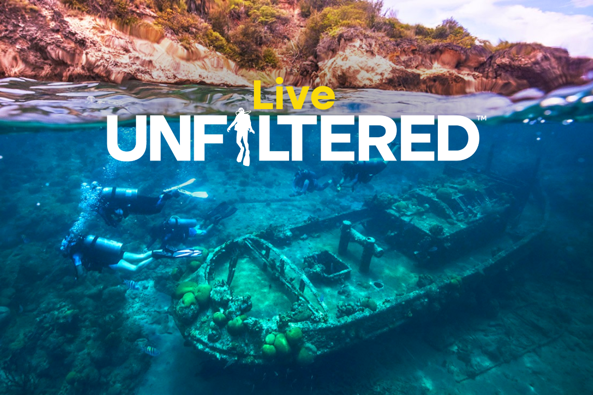 an image of scuba divers exploring a wreck showing both topside and underwater with the Live Unfiltered logo over the top