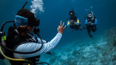 a padi divemaster signals okay to two other divers on a fun dive in the Maldives