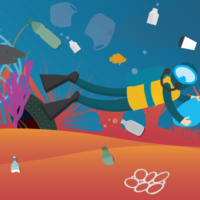 A cartoon diver underwater with plastic trash raining down