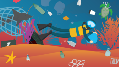 A cartoon diver underwater with plastic trash raining down