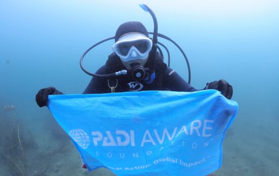 A diver holding a PADI AWARE flag in Iwa, Kangawa, Japan