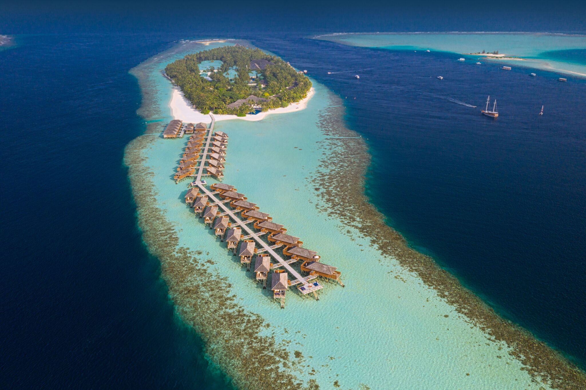 An aerial view of the Vilamendhoo Island Resort & Spa in the Maldives