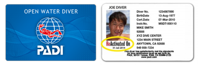 PADI ReActivate Refresher program card