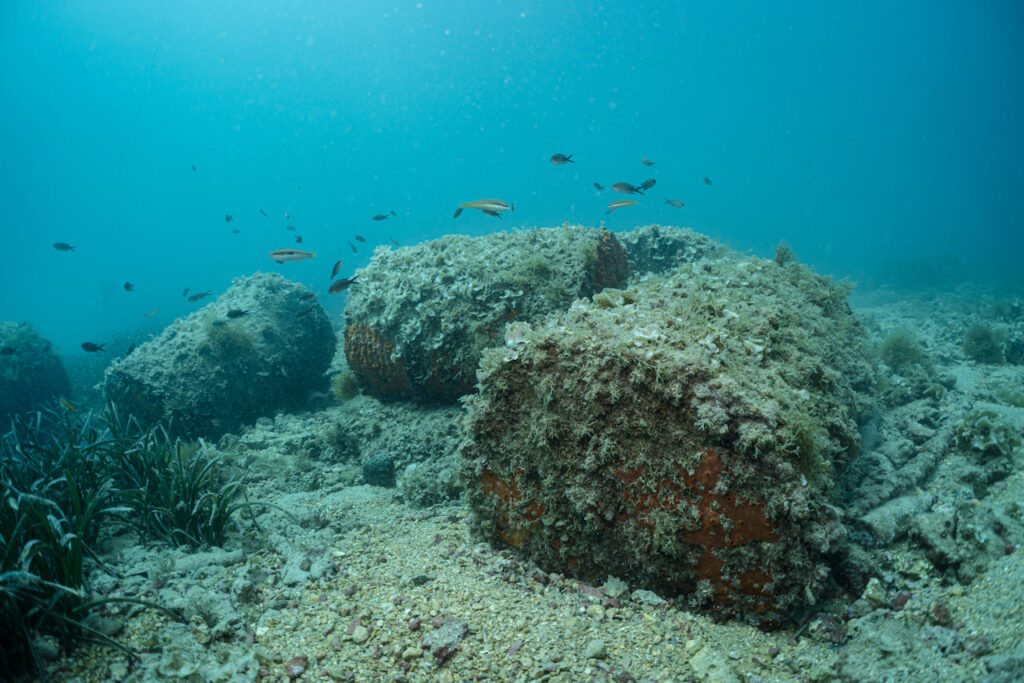 Giant concrete boulders protect Port Adriano, creating a home for marine life.